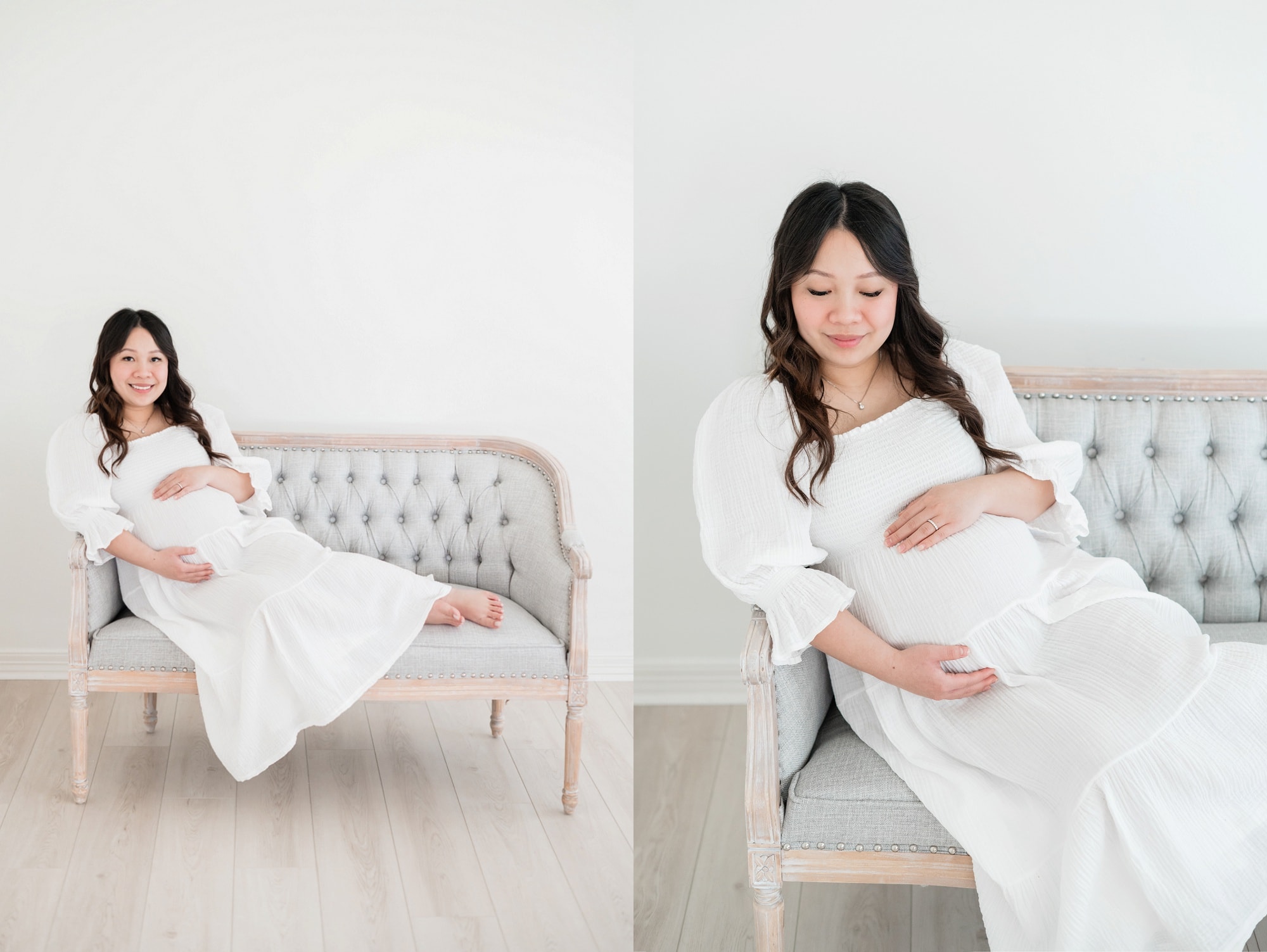 Studio maternity pictures of mom on gray settee