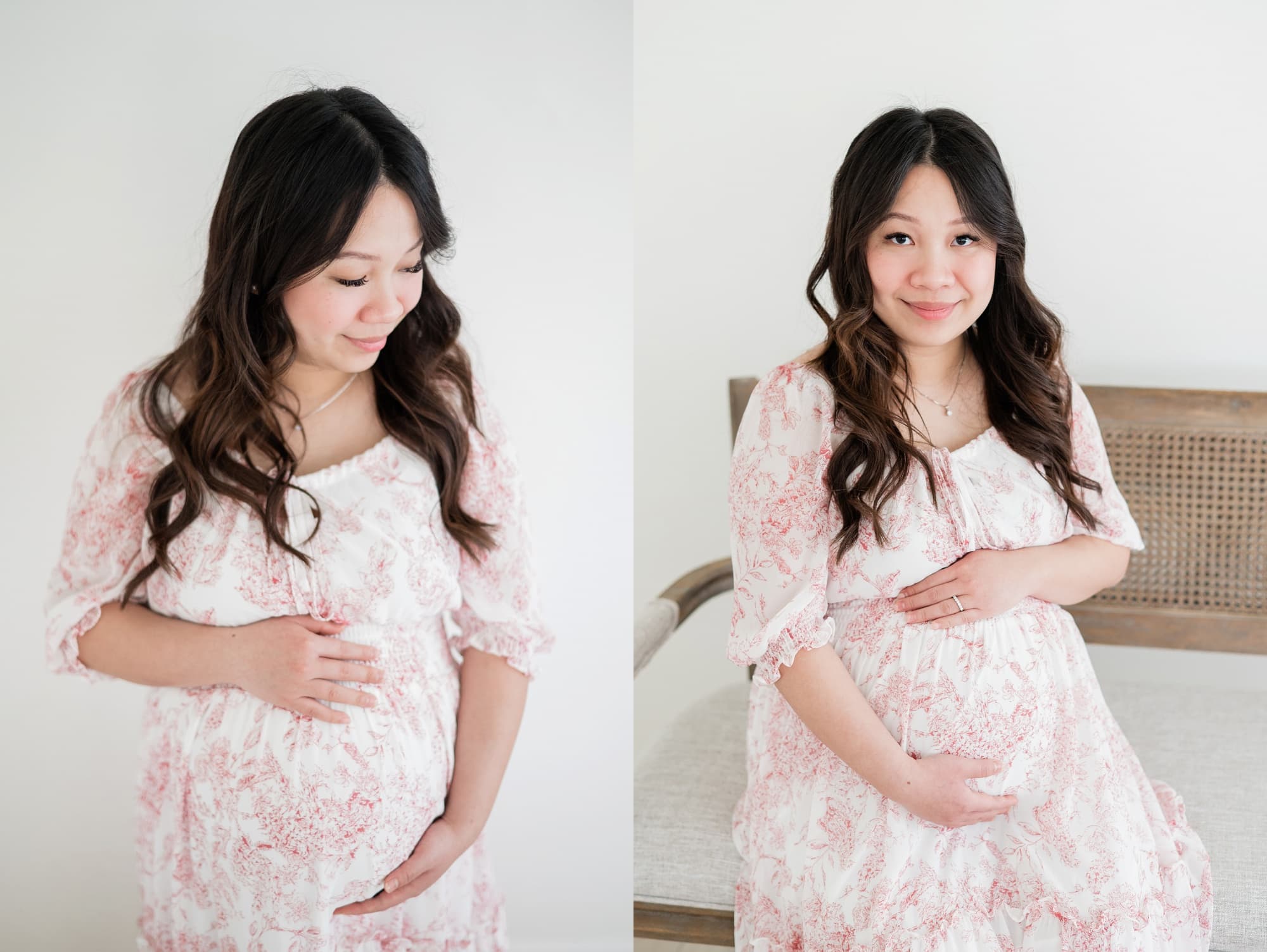 Studio maternity pictures of mom wearing pink floral dress 
